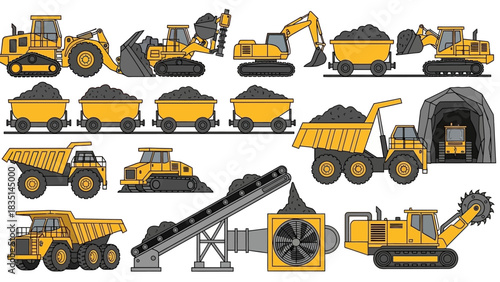 A vector illustration set of heavy machinery used for coal mining, quarrying, and construction industry operations