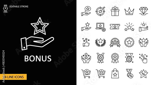 Elegant Line Icon Set for Bonus Programs, Customer Loyalty Rewards, Special Offers, Achievement Incentives, and Marketing Strategy Concepts