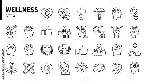 Collection of icons representing wellness, health, and mindfulness activities for lifestyle and wellbeing
