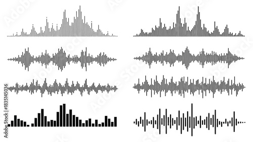 Abstract collection of diverse sound wave visualizations and graphic equalizer bars, ideal for music production, audio analysis, and digital technology projects showcasing frequency data