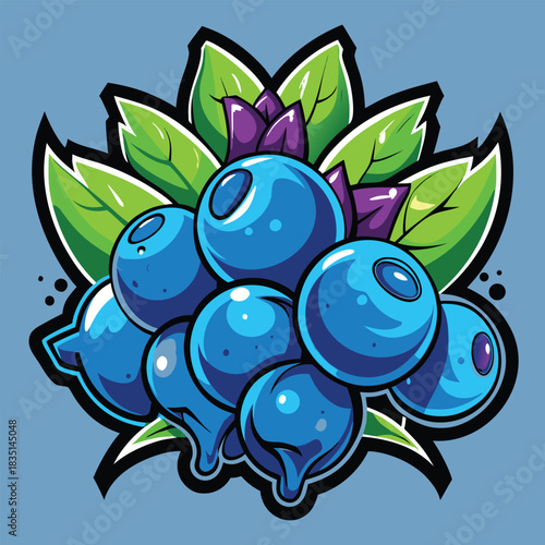 Blueberries vector illustration with green leaves and bold outlines on a light blue background, graphic artwork