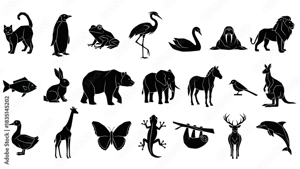 Naklejka premium Diverse Silhouette Animals A Collection of Wildlife for Design