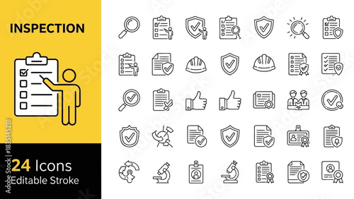 Thin line icon set for inspection and verification, featuring checklists, quality control symbols, safety compliance, and data approval graphics