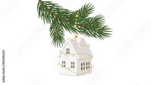 Charming little house ornament hanging from a Christmas tree branch with glowing lights evokes heartwarming holiday memories and festive cheer