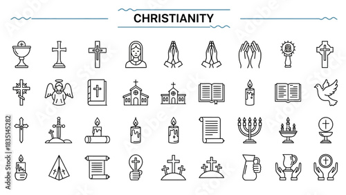 Christianity Icon Set Crosses, Bible, Dove, Prayer, and Religious Symbols Collection