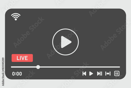Modern video player interface template, online multimedia streaming UI featuring play button, timeline, navigation icons, and live broadcast elements, ideal for web design, social media platforms, dig