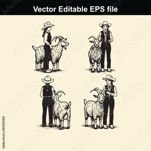 vintage style vector illustration set featuring four different poses of a female farmer or rancher standing next to a goat, suitable for agricultural or rural themes