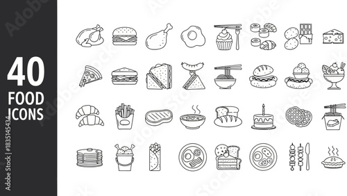 A versatile set of food icons in a minimalist line art style. This collection includes vector symbols for various meals, fast food, and drinks, perfect for culinary design projects
