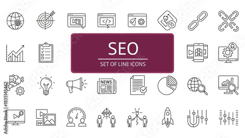 A comprehensive set of thin line icons for SEO and digital marketing, illustrating concepts of web data analysis, online promotion, and business strategy