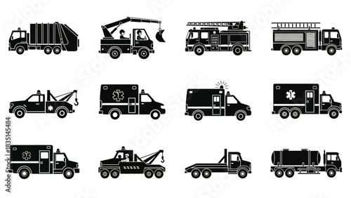 Collection of Emergency and Service Vehicle Icons Fire Trucks, Ambulances, and More