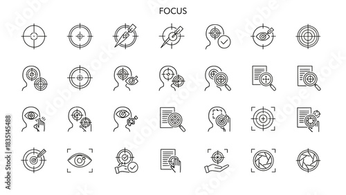 Set of minimalist line icons depicting focus, concentration, and goal achievement. Vector symbols for business strategy, targeting, and aiming