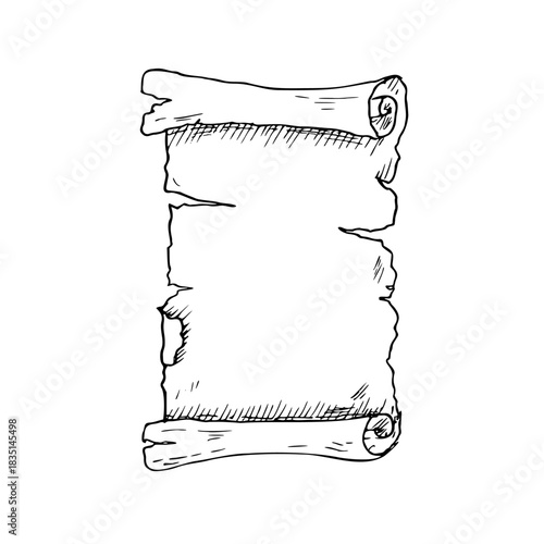 Vector old scroll paper. Hand painted linear parchment illustration. Graphic monochrome sailor, sea sketch isolated on background. For designers, prints, logo, icon, menu, postcards, holiday, covers