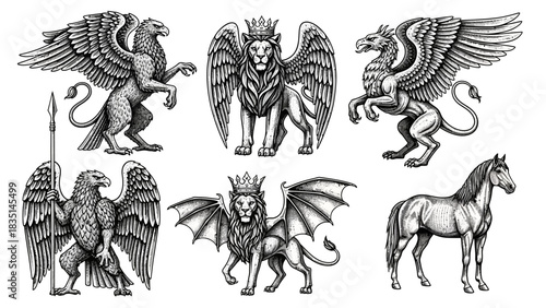 Detailed vintage illustrations of mythical creatures. Features powerful griffins, majestic winged lions, and heraldic eagles for fantasy design