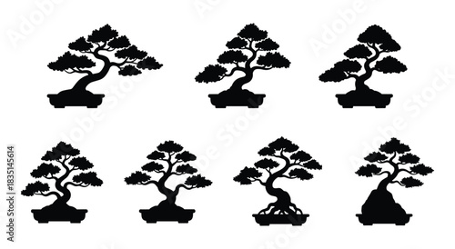 Bonsai tree silhouettes set. Traditional japanese art form of miniature trees in pots for decoration