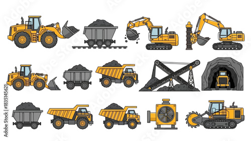 A vector illustration set of heavy industrial mining vehicles and quarry machinery shown in a pixel art cartoon style epsss (195)