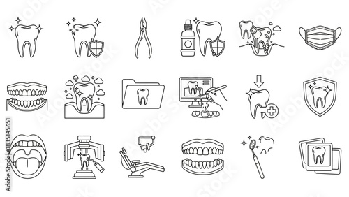 Dental care and oral hygiene Collection of teeth, tools, and medical icons