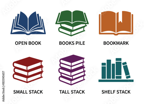 Book icons, open book, books pile, bookmark, small stack, tall stack, shelf stack