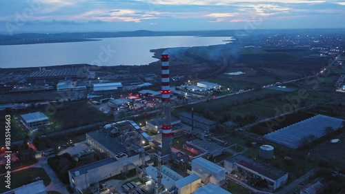 Aerial drone view to district heating on Burgas, Bulgaria evening