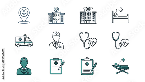 A comprehensive collection of line art icons representing healthcare services, medical professionals, hospital equipment, and clinical data