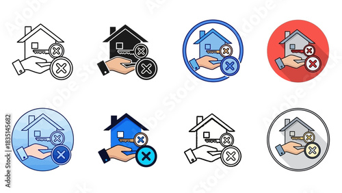 Collection of house icons representing real estate transactions, property keys, and a negative outcome or cancellation