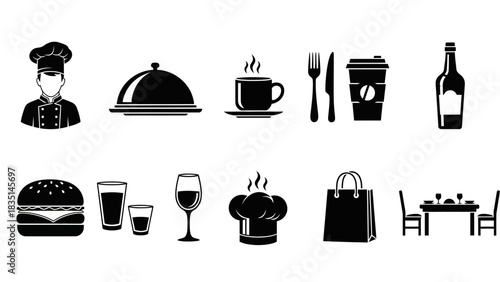 A collection of monochrome vector icons representing restaurant, food service, and culinary themes for graphic design