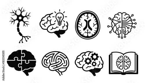 Brain and neuron icons set. Symbols of intelligence, memory, learning, and thought processes.