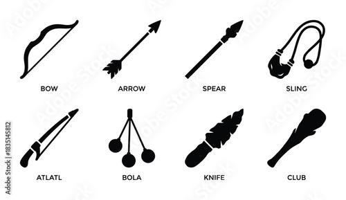 Bow arrow spear sling atlatl bola knife club. Primitive hunting weapons. Ancient tools collection.