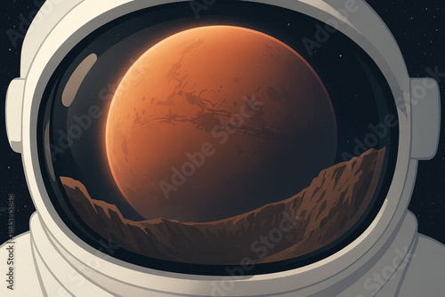 Vector Illustration from Astronaut POV on Phobos, visor reflection showing huge Mars