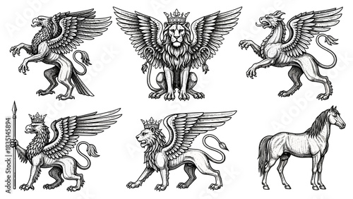 Mythical Creature Collection Winged Lions, Griffins, and Horse - A Vector Illustration Set