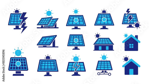 Illustrative vector icon collection showcasing solar energy, green power generation, and sustainable technology solutions for diverse applications