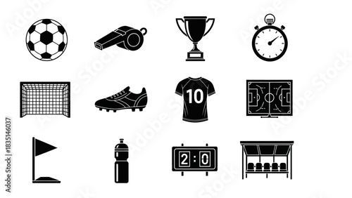 Collection of black and white flat vector icons depicting essential soccer equipment, fields, and elements, ideal for graphic design and digital media applications