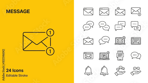 Vector icon set of communication and messaging symbols. Thin line icons for email, chat notifications, and alerts with editable stroke