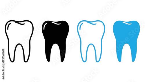 Set of tooth icons in different styles. Dental care symbol collection including outline, solid glyph, and blue color variations. Vector illustration for web