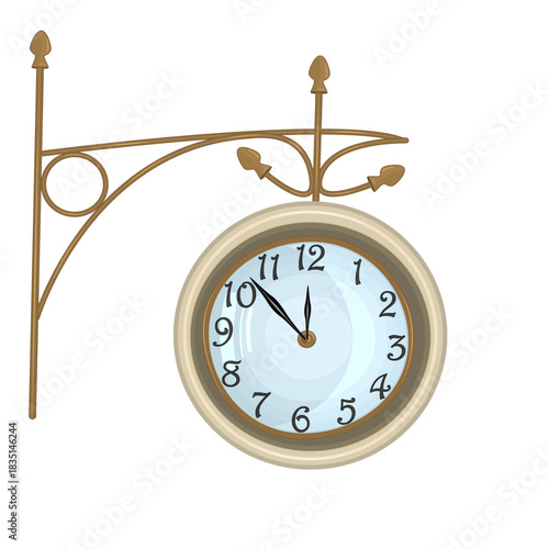 Old clock. Retro style station or outdoor clock with wall bracket. Vintage round metro and railway watch. Arrival and departure time. Street clock for public timekeeping in plazas or stations. Vector