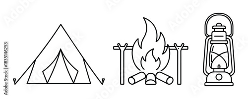 Camping equipment linear icons; tent, bonfire with logs, and a classic lantern; outdoor adventure symbols