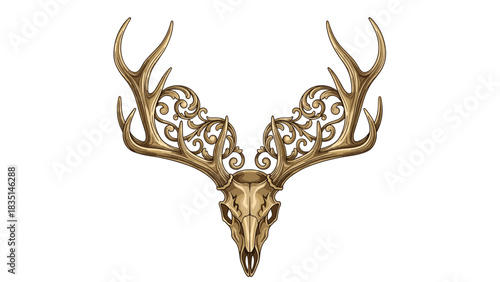 Intricate deer skull with ornate antlers for a stunning design or elegant logo project, a vintage wildlife symbol with a mystical aura