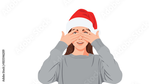 Excited woman wearing Santa hat covering her eyes in anticipation of a Christmas surprise with a lovely smile on white backdrop
