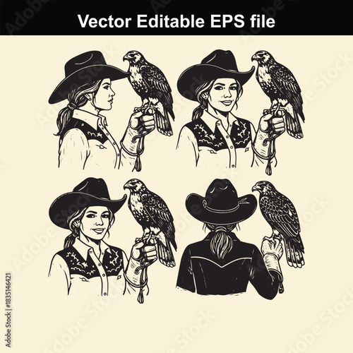 vector editable eps file featuring four illustrations of a cowgirl wearing a cowboy hat holding a falcon or hawk on her gloved hand in various poses