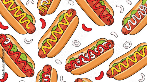Hungry for fun? Cartoon hot dogs with mustard, ketchup, and onion toppings create a playful food pattern for your next summer party invite