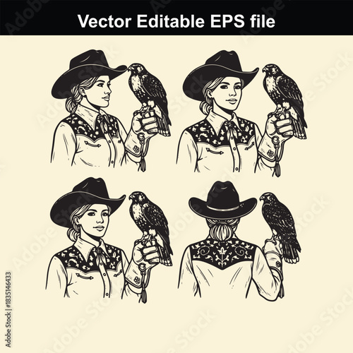 vector editable eps file featuring four illustrations of a cowgirl wearing a cowboy hat and holding a falcon or hawk on her arm, shown from front and back views