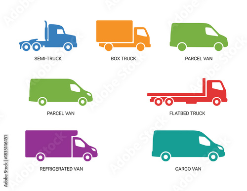 Cargo truck and van silhouettes. Set of semi-truck, box truck, parcel van, flatbed, refrigerated, cargo van.
