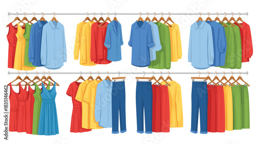 Colorful closet curation featuring dresses, shirts, and pants hanging neatly, perfect for fashion design or wardrobe planning visuals