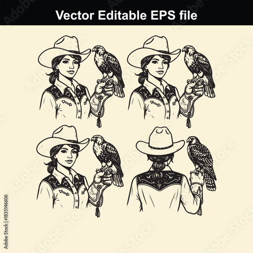 collection of four vector illustrations depicting a cowgirl wearing a cowboy hat and holding a hawk or falcon on her gloved hand from different angles
