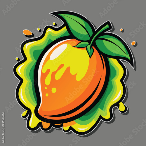 Mango vector illustration with dripping paint effect and green leaves on a grey background, graphic artwork