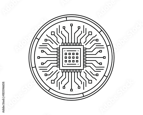 Circular cpu microchip, advanced computing, pin connections, detailed internal structure, technological component