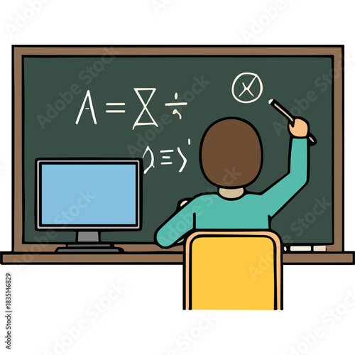Student Back View At Desk Facing Chalkboard With Math Equations And Computer Monitor In Classroom Learning Education Concept