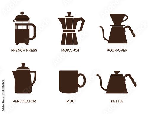 Coffee brewing equipment icons: french press, moka pot, pour-over, percolator, mug, kettle.