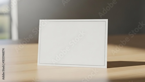 Blank white invitation card with a decorative border on a wooden surface