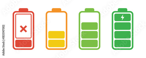 Collection of battery icons representing different power levels. Error, low, and full charge states.