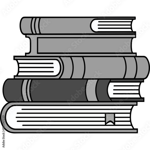 Stack of Gray Books with White Pages and Black Spines on a Black Background Educational Literature Library Knowledge Storage Simple Illustration